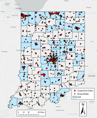 Indiana map of superfund and brownfield sites.